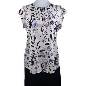 Ivanka Trump Small Floral Blouse Split Neck Short Cap Sleeve Cream Purple Office